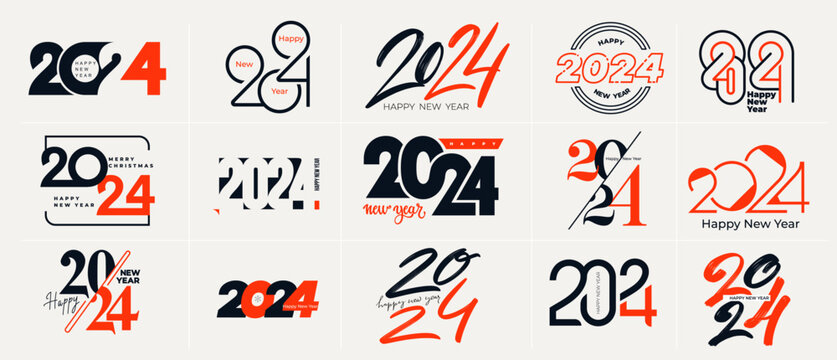 Happy New Year 2024 logos design set. Template with black numbers 2024. New Year holiday trend logos template. Collection of vector illustration 2024 happy new year symbols. Christmas decoration.