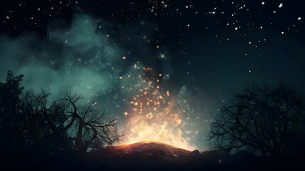 Fototapeta na wymiar ash, The ash from the campfire floated up into the night sky, fantasy with, illustration design, glitter, twinkle, fantasy background, bright atmosphere, bright mood,