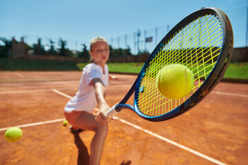 Close up photo of a young girl showing professional tennis skills in a competitive match on a sunny day, surrounded by the modern aesthetics of a tennis court.