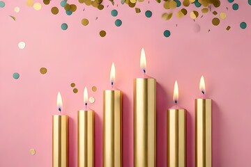 Golden birthday candles isolated on pink background