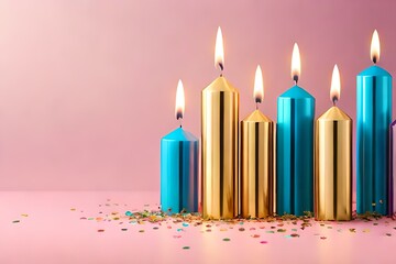 Colorful birthday candles on pink background with copy space