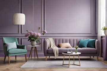 Cozy modern living room on lilac interior