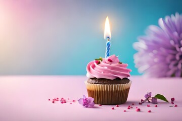 Tasty cupcake with candles on lights background