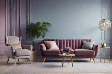 Luxury modern interior on lilac color. Side view