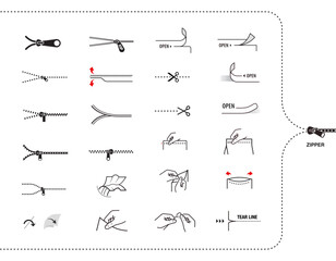 A set of icons for zippers and scissors. Set for package, shows the place of opening. EPS10. © realstockvector