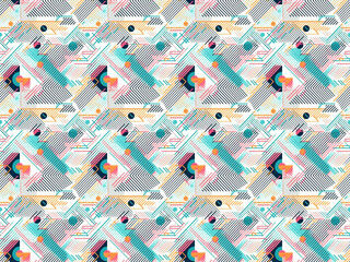 Obraz premium Seamless pattern background of colored lines, dots and squares repeating endless shapes. Trendy wrapping paper modern and contemporary style. Ai generated.