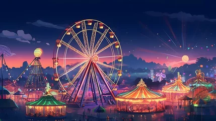 Fotobehang Amusementspark amusement park, The amusement park had a Ferris wheel that lit up the evening sky, fantasy with, illustration design, glitter, twinkle, fantasy background, bright atmosphere, bright mood,
