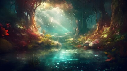 Fototapeta na wymiar river, The tropical rainforest was teeming with life along the river s edge, fantasy with, illustration design, glitter, twinkle, fantasy background, bright atmosphere, bright mood,