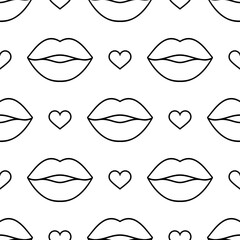 Black outlines lips and hearts on the white background. Seamless vector pattern. Fashion background for modern designs, creatives for Valentine's Day, prints, textiles, fabrics, wallpapers, wrappings.