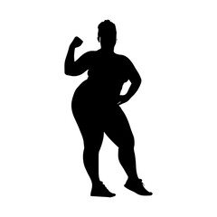 Vector illustration. Fat woman silhouette. Body positive. Fat girl goes in for sports.