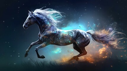 Fototapeta na wymiar horse, The majestic horse galloped across the field, fantasy with, illustration design, glitter, twinkle, fantasy background, bright atmosphere, bright mood,