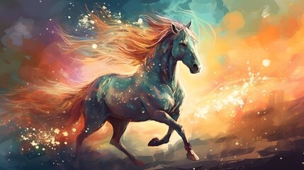 Naklejka na ściany i meble horse, The horse neighed loudly as it raced past us, fantasy with, illustration design, glitter, twinkle, fantasy background, bright atmosphere, bright mood,