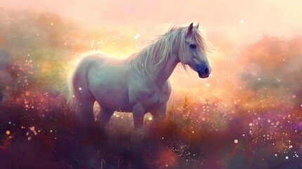 Naklejka na ściany i meble horse, She watched the horse graze peacefully in the meadow, fantasy with, illustration design, glitter, twinkle, fantasy background, bright atmosphere, bright mood,