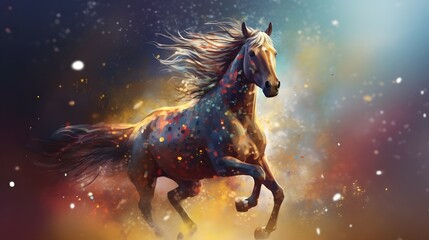 Fototapeta na wymiar horse, The horse neighed loudly as it raced past us, fantasy with, illustration design, glitter, twinkle, fantasy background, bright atmosphere, bright mood,