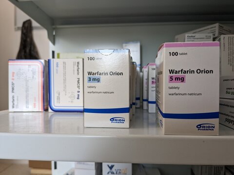 Prague,Czech republic &ndash; May 23 2023 : Pharmacy store-Packet of Warfarin Tablets, used to thin blood in patients who are at risk of blood clots which can cause strokes and heart diseases.