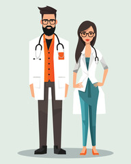 Male and Female Doctors. vector design illustration isolated on green background, seperate layers.
