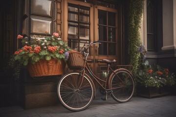 Fototapeta na wymiar A painting of a bike with a flower basket parked by a building. Generative AI