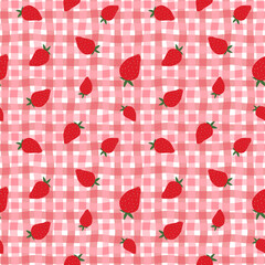 Seamless gingham with strawberries, wrapping paper