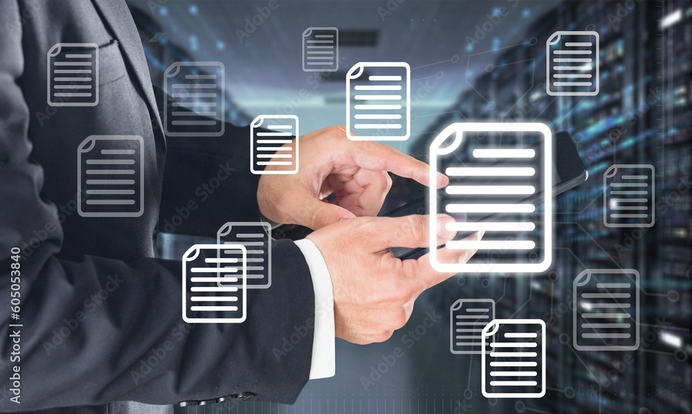 Poster automation software files concept. person with smartphone