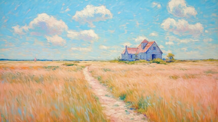 Fototapeta premium Abstract painting with a field cottage