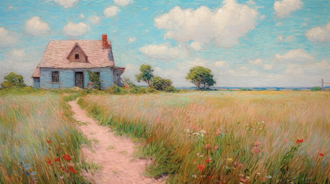 Abstract painting with a field cottage