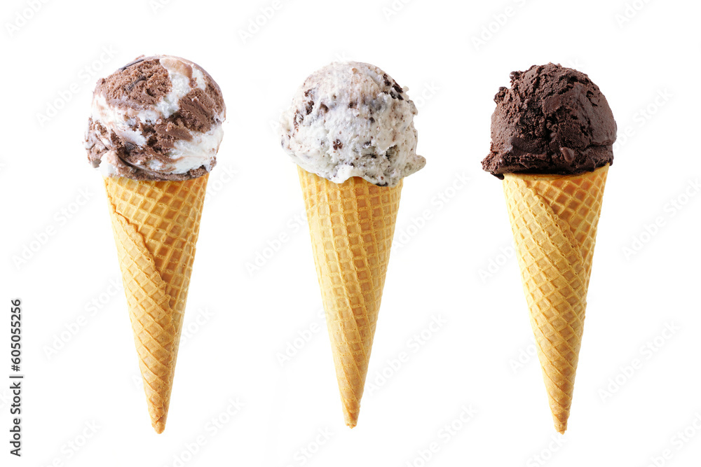 Aufkleber chocolate ice cream cone assortment isolated on a white background. heavenly hash, cookies and cream