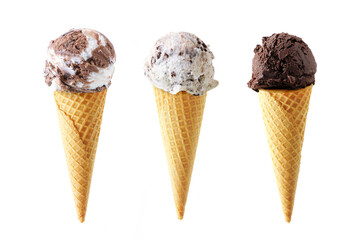 Chocolate ice cream cone assortment isolated on a white background. Heavenly Hash, Cookies and...