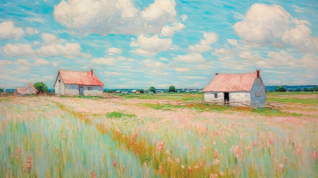 Abstract painting with a field cottage