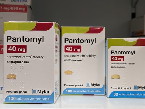 Prague,Czech republic &ndash; May 23 2023 : Pharmacy-Pantoprazole is a proton pump inhibitor that decreases the amount of acid produced in the stomach, caused by gastroesophageal reflux disease, or GERD