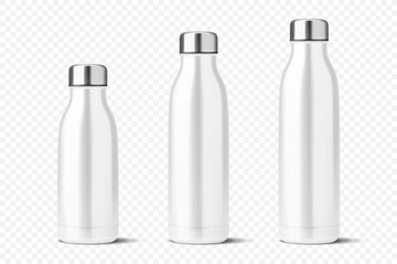 Vector Realistic 3d White Empty Glossy Metal Reusable Water Bottle with Silver Bung Set Closeup Isolated. Design template of Packaging Mockup. Front View
