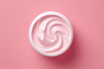 Opened white plastic jar with pink cream isolated on a pink background. A simple mockup of a cosmetic cream in a round jar. Top view of body or face cream. Generative AI professional photo imitation.