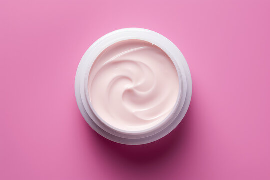 Open white plastic jar with white cream isolated on a pink background. A simple template of a cosmetic cream in a round jar. Top view of body or face cream. Generative AI professional photo imitation.