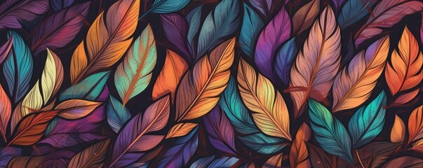 Obraz premium a horizontal backgound with Colorfully drawn leaves, graphic pattern, Nature-themed, , photorealistic illustrations in a JPG. Generative AI