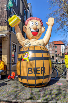 Utrecht, Netherlands - April 2, 2023: A blow up display for a restaurant advertising beer in old town Utrecht
