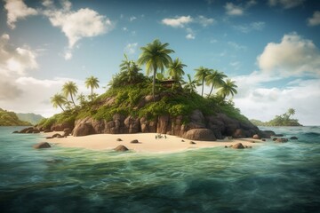 Fototapeta na wymiar Illustration of uninhabited island with beach, palm trees, jungle lianas and rocks in the ocean under cloudy sky. Generative AI