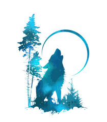 The wolf howls at the moon graphics. blue werewolf. Tattoo, t-shirt print. Vector illustration