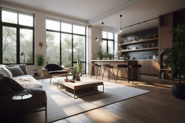 Fototapeta na wymiar Designed modern, airy and luminous living space interiors. Generative AI