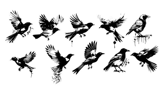 A flock of flying birds. Set of monochrome flying birds. Vector illustration