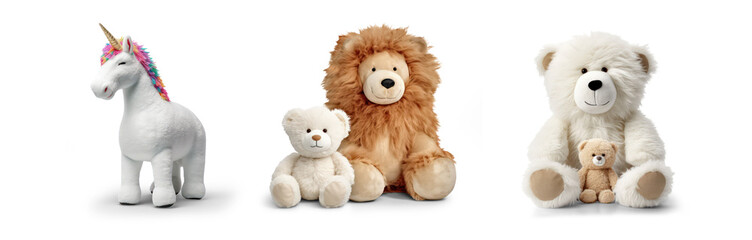 cutout set of 3 stuffed animal toys isolated on transparent png background - Generative AI