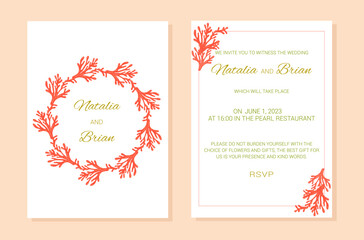 Wedding invitation Summer sea theme plants layout. Corals. A frame of marine elements with text. Vector illustration.