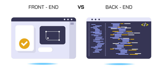 Front End vs. Back End Development. UI UX vs programming. coding and scripting education. front end developer vs back end programmer. Application and software development.  - obrazy, fototapety, plakaty