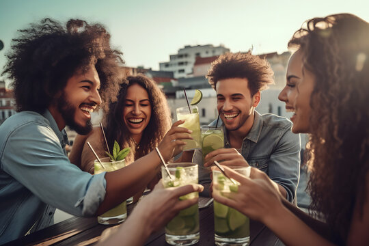 Group of friends drinking alcoholic cocktails. Neural network AI generated art Generative AI