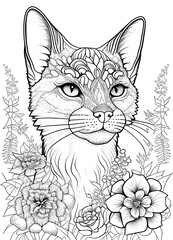 Fototapeta na wymiar vector coloring book page of a floral cat head, geometric, floral border