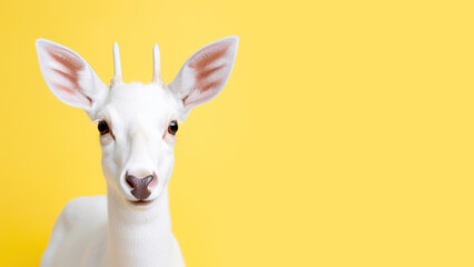 Advertising portrait, banner of white beautiful lone white albino deer with small horns isolated on a neutral blue background. Generated Ai.