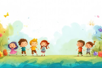 Obraz na płótnie Canvas Happy children illustration playing outdoor, generative ai