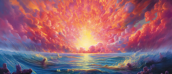 Breathtaking beauty of a fiery sunset over the sea, with vibrant colors and a sky ablaze in a captivating firestorm. Fire explosion in the sky. Illustration created with Generative AI.