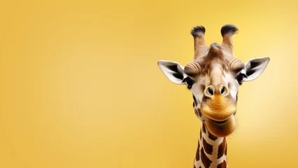 Fototapeten Advertising portrait, banner, funny giraffe on the fight side of the frame, with a surprised look, isolated on a neutral yellow background. Generated Ai © NK Project