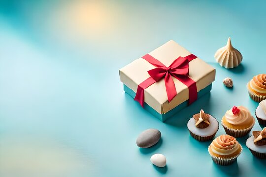 top view angle of gift box, sea stones, and cup cakes on pastel blue background