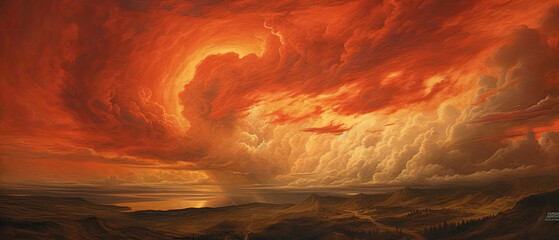 Breathtaking beauty of a fiery sunset over the sea, with vibrant colors and a sky ablaze in a captivating firestorm. Fire explosion in the sky. Illustration created with Generative AI.