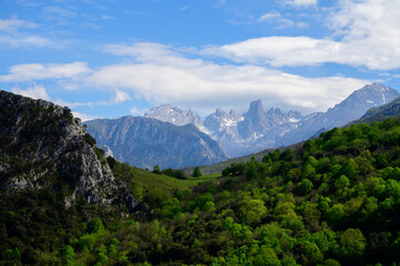 View on Naranjo de Bulnes or Picu Urriellu,  limestone peak dating from Paleozoic Era, located in Macizo Central region of Picos de Europa, mountain range in  Asturias, Spain